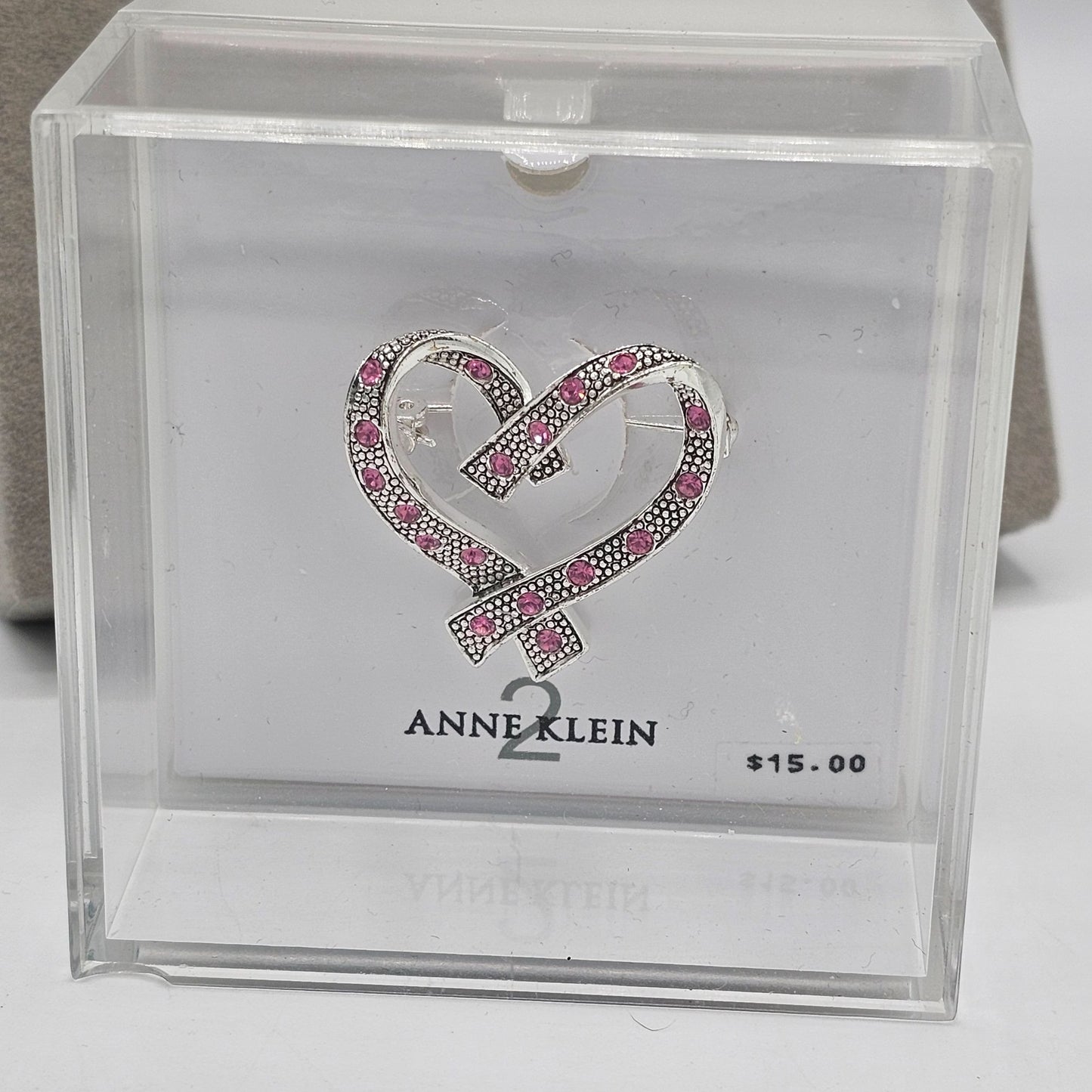 Anne Klein Vintage NOS in Box Pink Rhinestone Silver-tone Heart Brooch