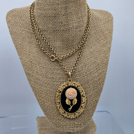 Vintage Avon Gold-tone Filigree Cameo Pink Rose Mirrored Back