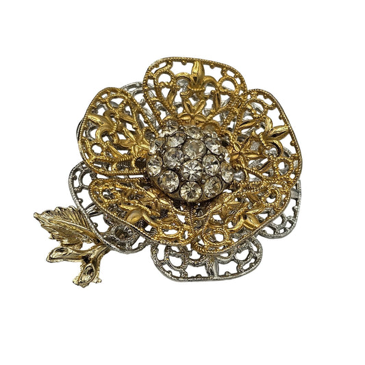 Huge Layered 3D Two Tone Filigree Flower Brooch Vintage Rhinestone Elegant