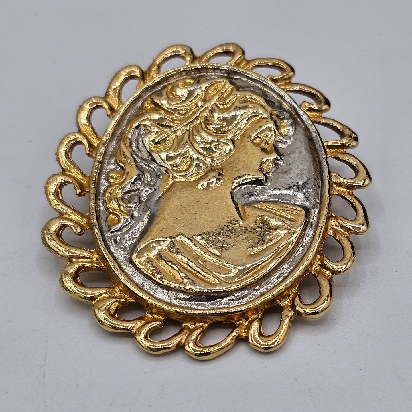 Vintage Gold & Silver-Tone Cameo Brooch Pin