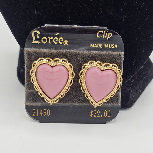 NOS Beautiful Pink Enamel Heart with Gold-tone Ornate Trim Clip-on Earrings