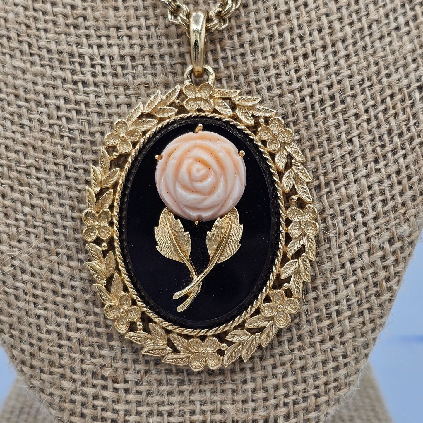 Vintage Avon Gold-tone Filigree Cameo Pink Rose Mirrored Back