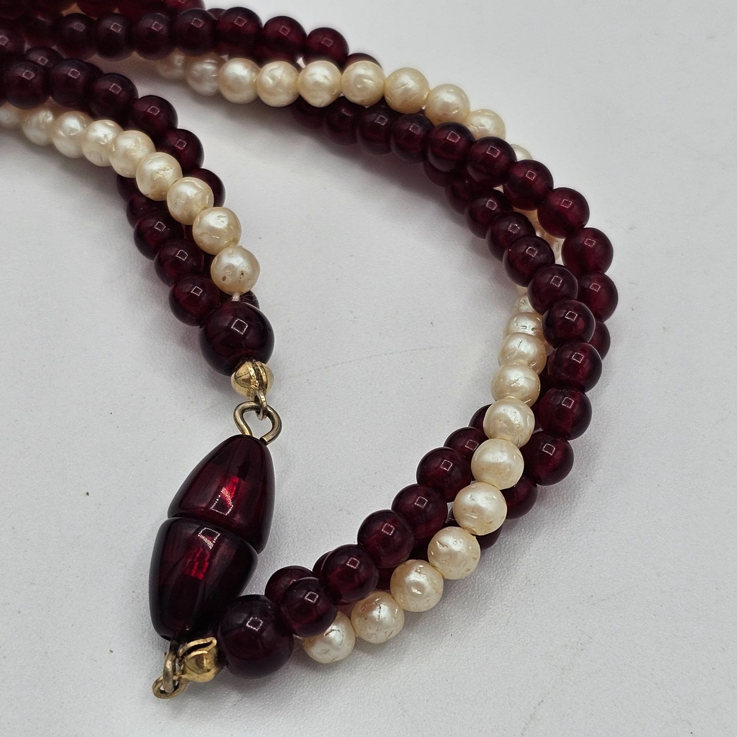 Multi-Strand Twisted Rope Faux Pearl Garnet Colored Beaded Necklace