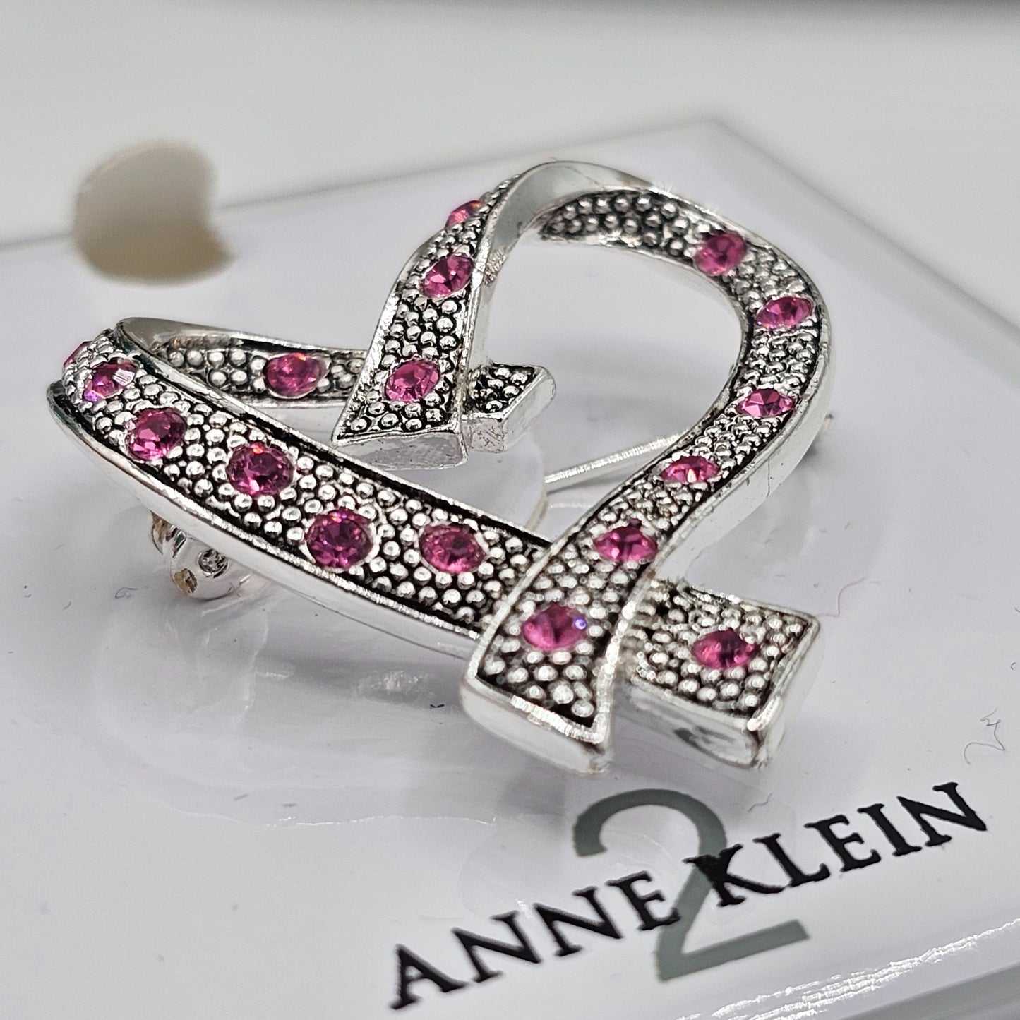 Anne Klein Vintage NOS in Box Pink Rhinestone Silver-tone Heart Brooch