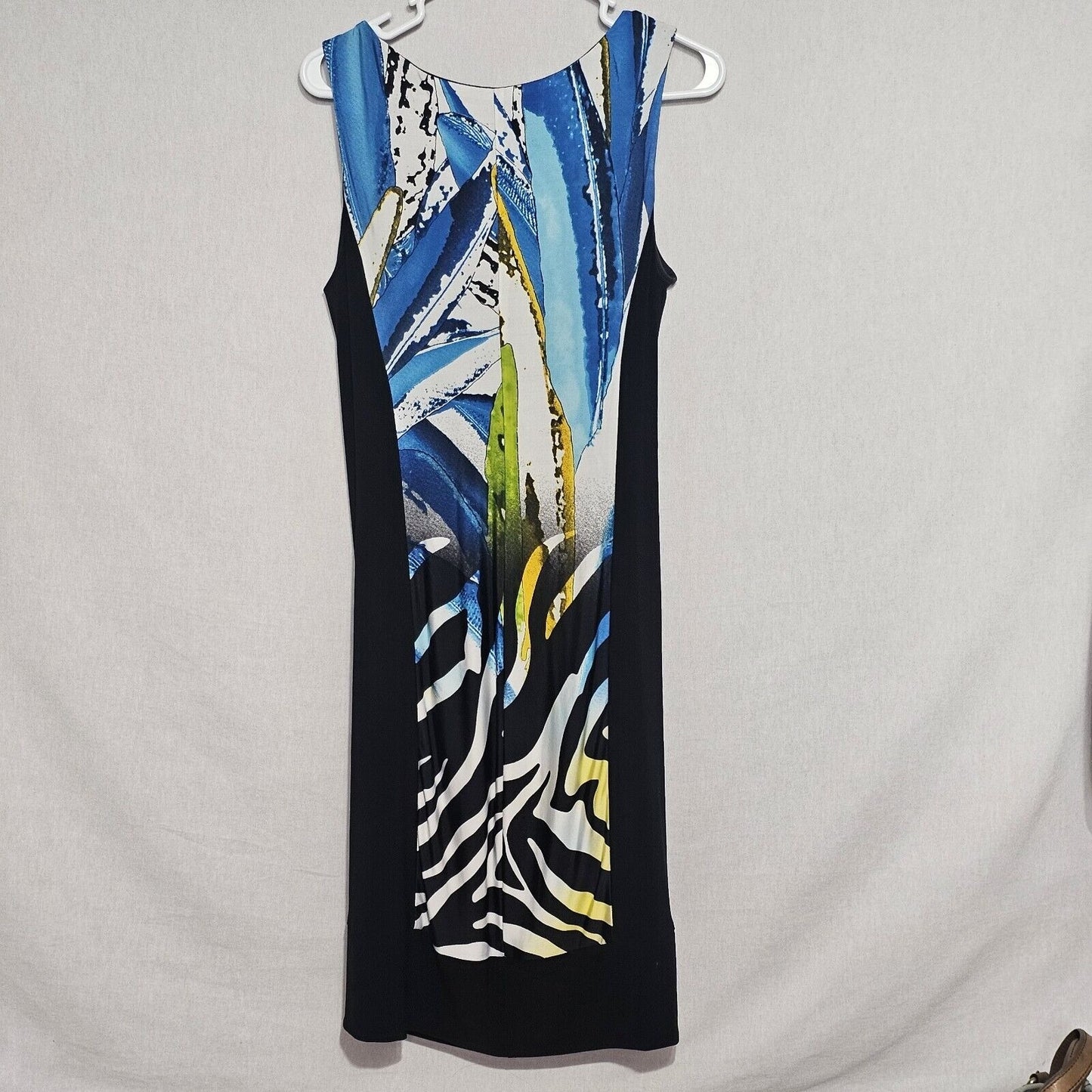 Frank Lyman Bodycon Abstract Dress Size 10 Lined Black Blue White Sleeveless