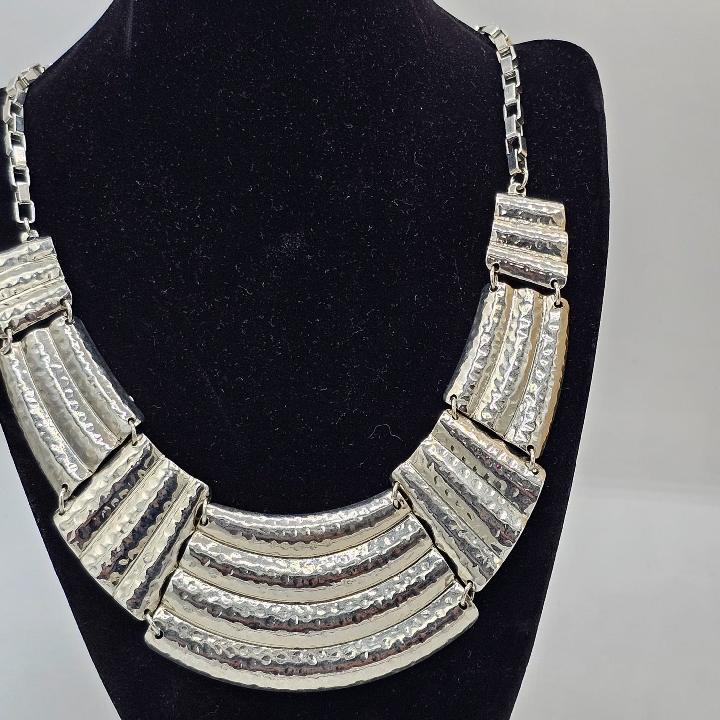 Silver-tone Huge Hammered Metal Plate Revival Necklace Collar Bib