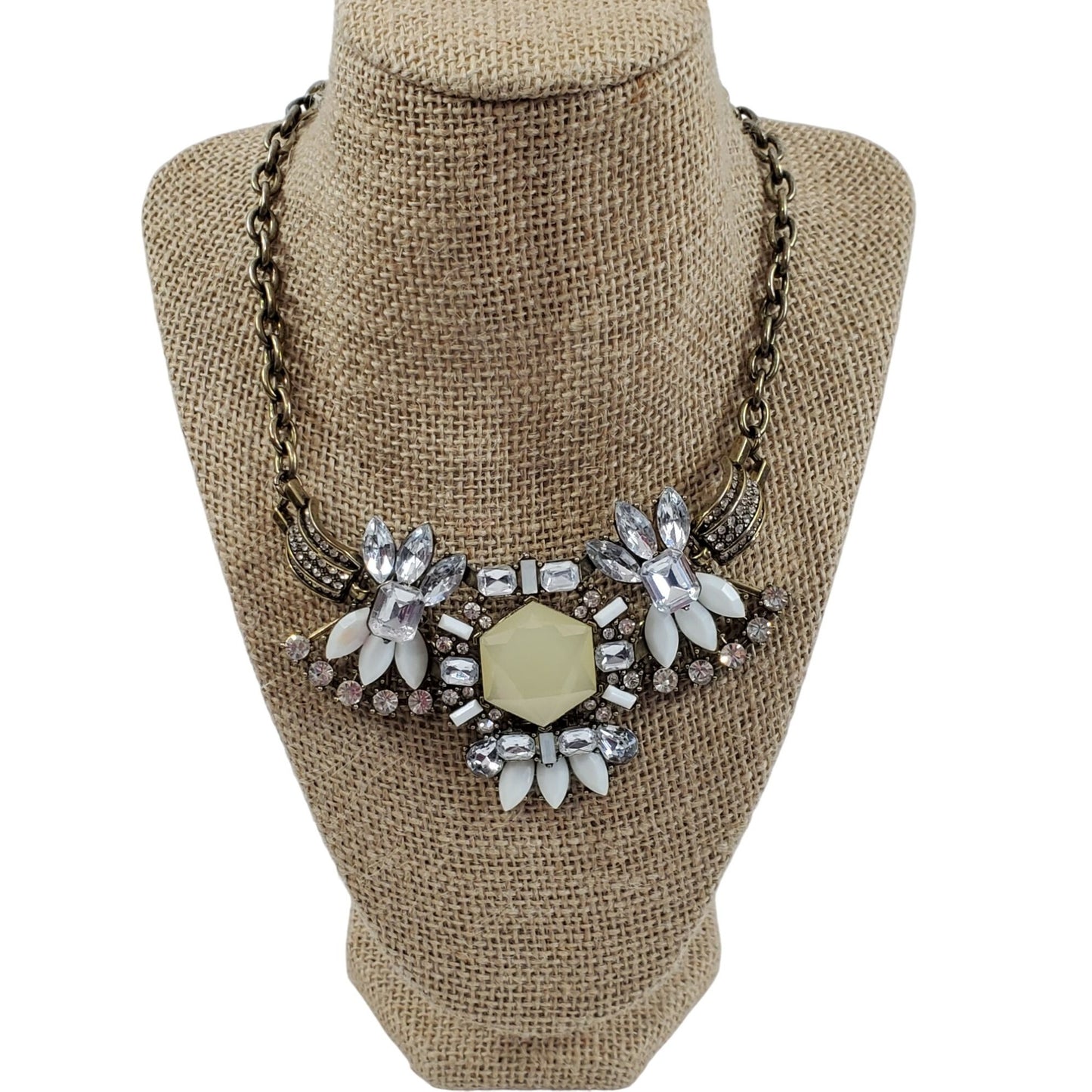 Vintage Statement Necklace Rhinestone White Floral Design Brass Chain Gem Accent