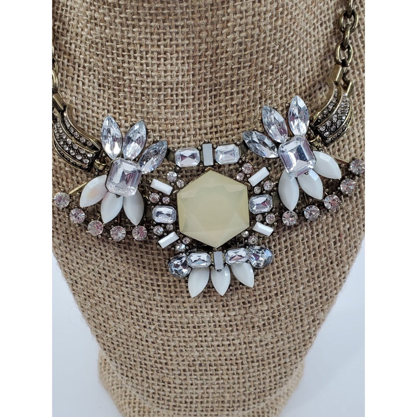 Vintage Statement Necklace Rhinestone White Floral Design Brass Chain Gem Accent