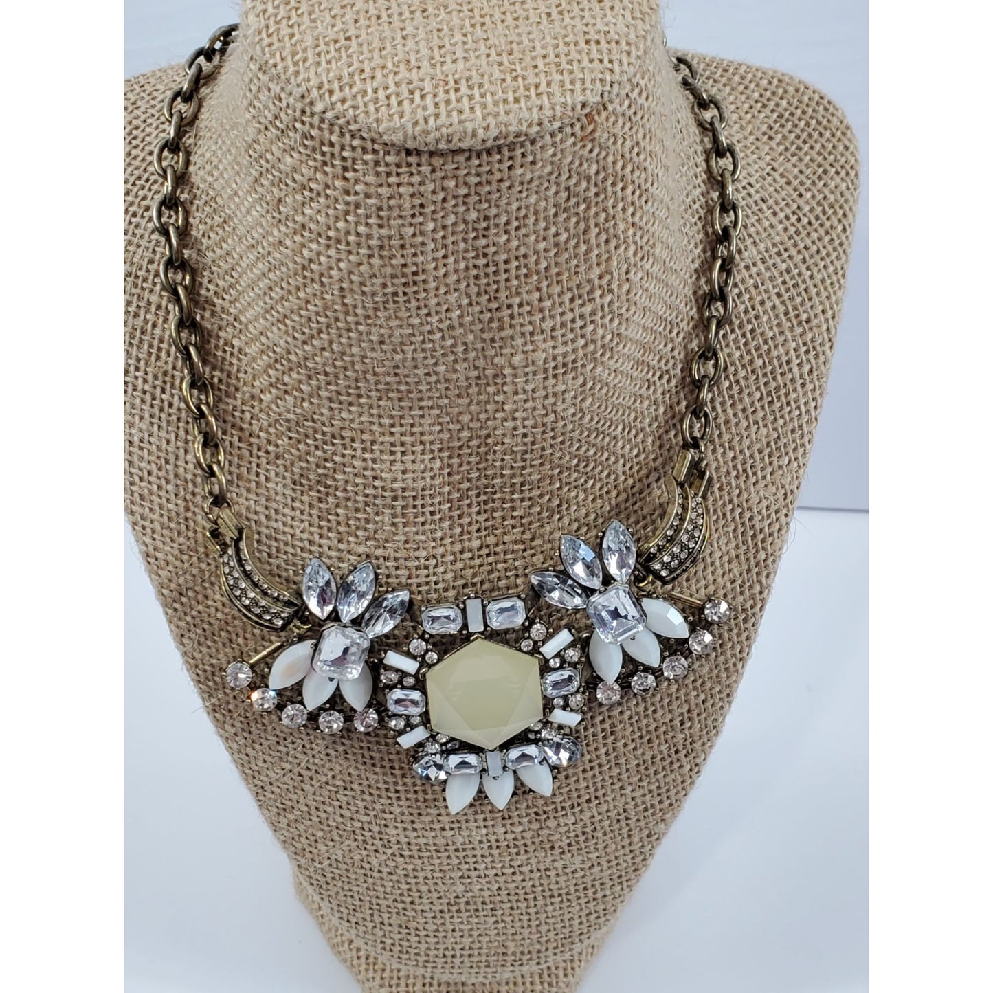 Vintage Statement Necklace Rhinestone White Floral Design Brass Chain Gem Accent