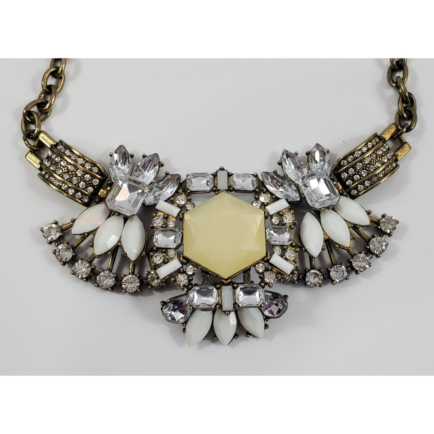 Vintage Statement Necklace Rhinestone White Floral Design Brass Chain Gem Accent