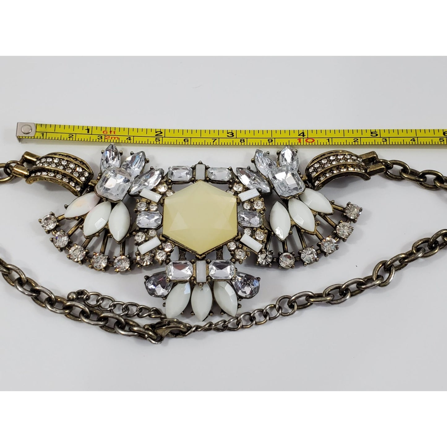 Vintage Statement Necklace Rhinestone White Floral Design Brass Chain Gem Accent