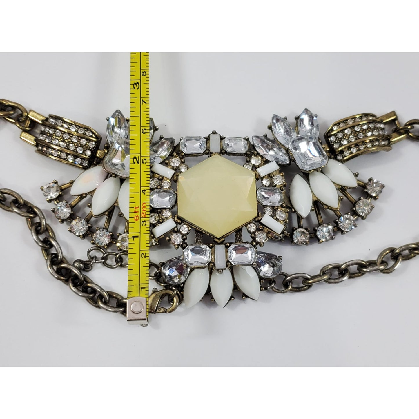 Vintage Statement Necklace Rhinestone White Floral Design Brass Chain Gem Accent