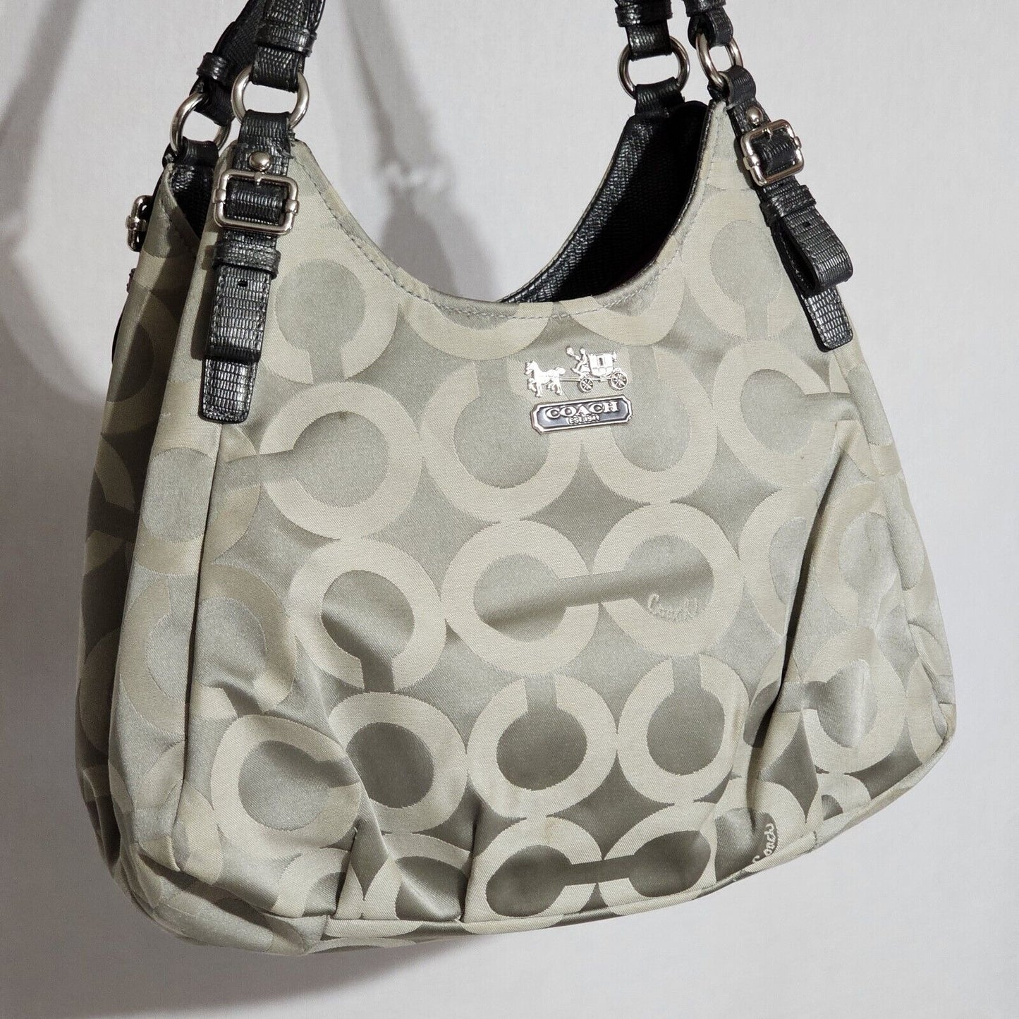 Coach Madison Art Sateen Maggie 17689 Shoulder Bag Snake Skin Straps Taupe Hobo