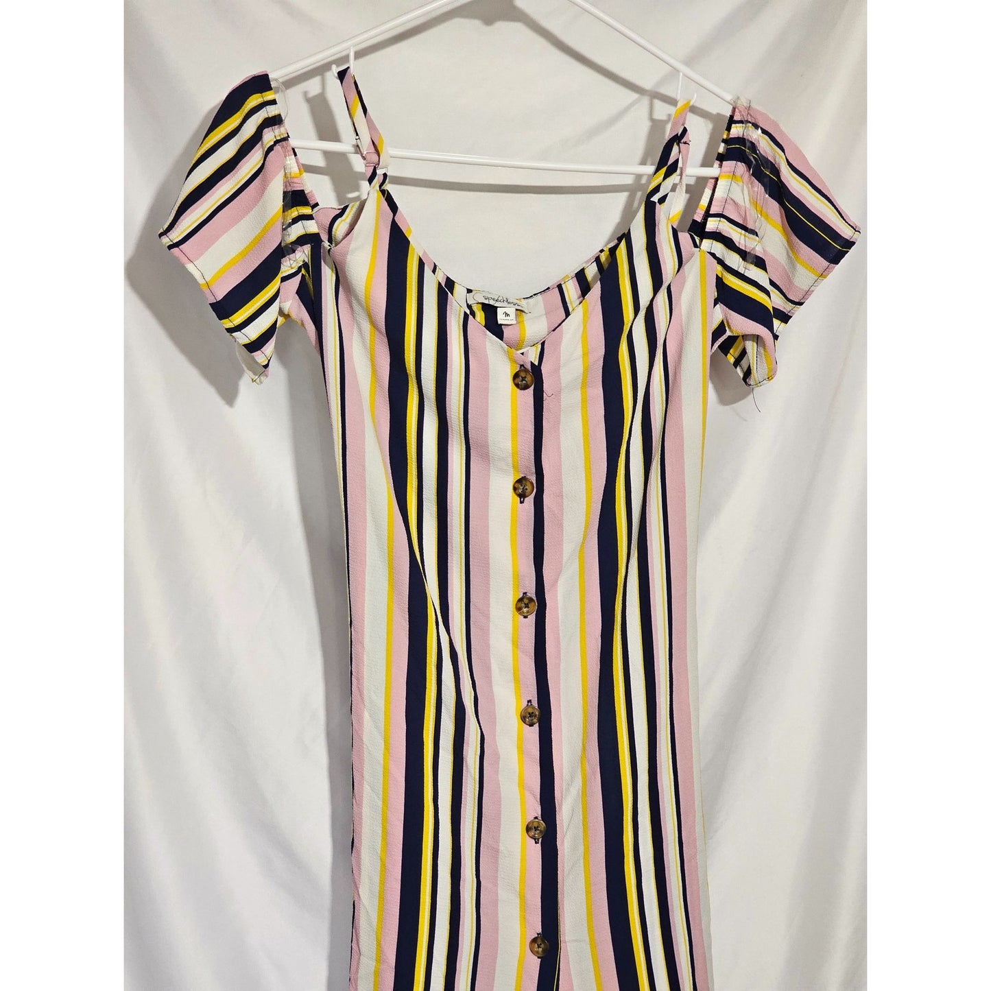 Speechless Pink, Navy, Yellow Vertical Striped Cold-shoulder Short Dress Size M