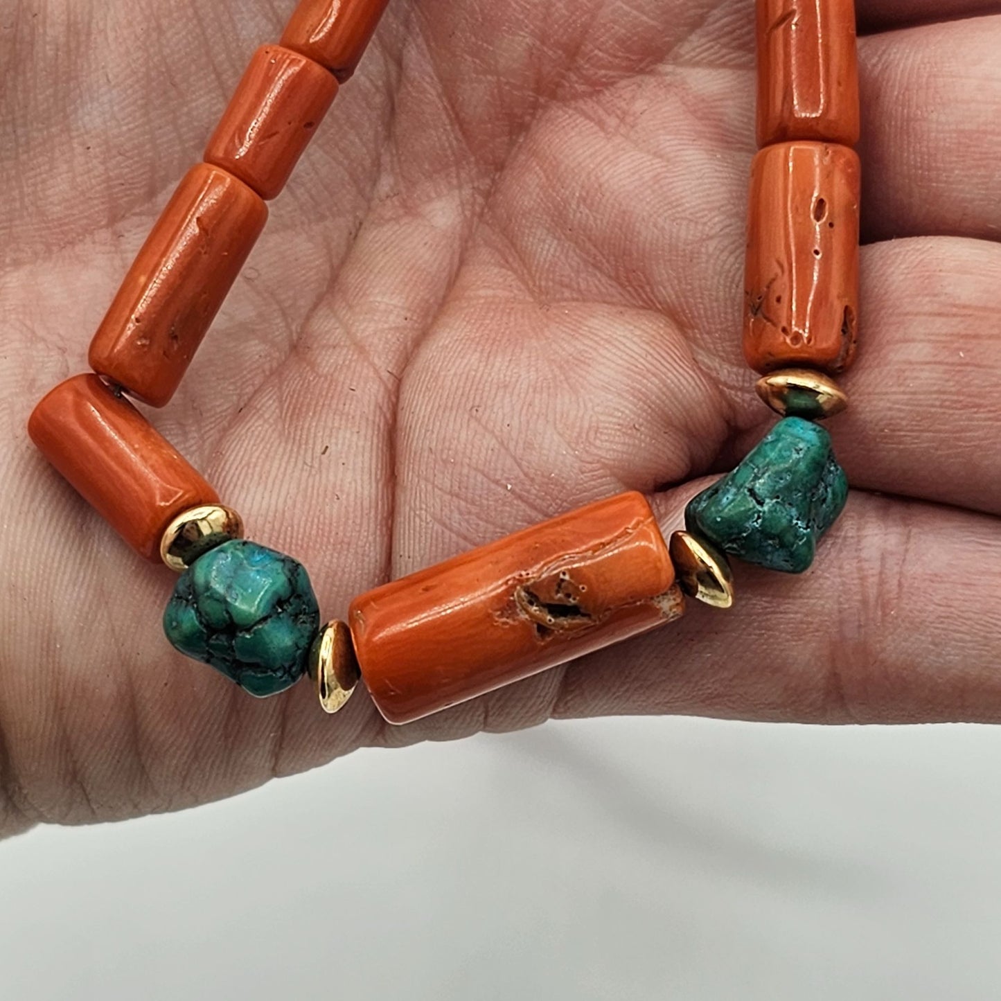 Vintage Natural Coral Turquoise Bead Stranded Necklace 1/20 14GF Clasp