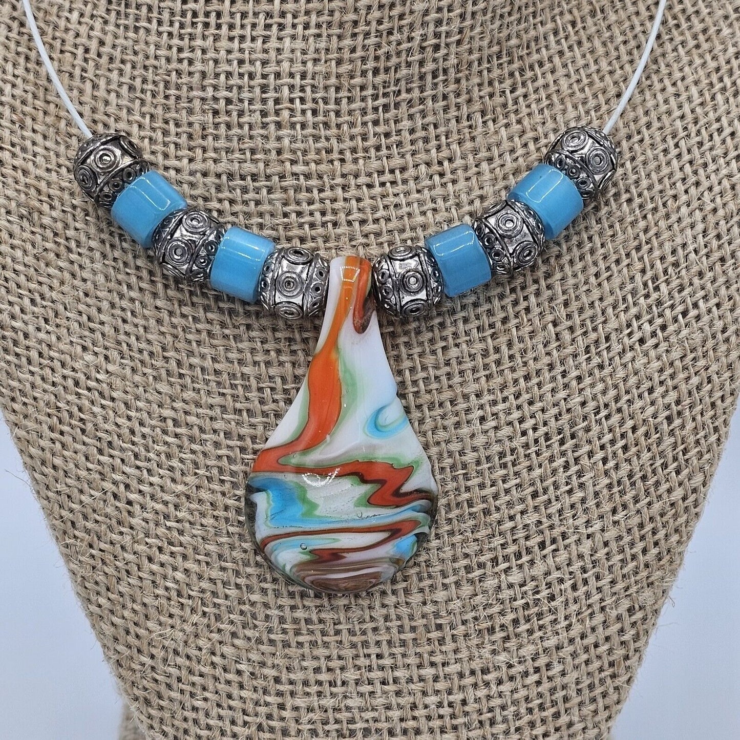 Wire Strung Beaded Glass Pendant Art Glass Blue Turquoise Silver-tone Necklace