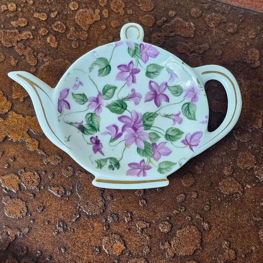 Vintage Lefton China Purple Violet Floral Teapot Trivet Spoon Teabag Rest Decor