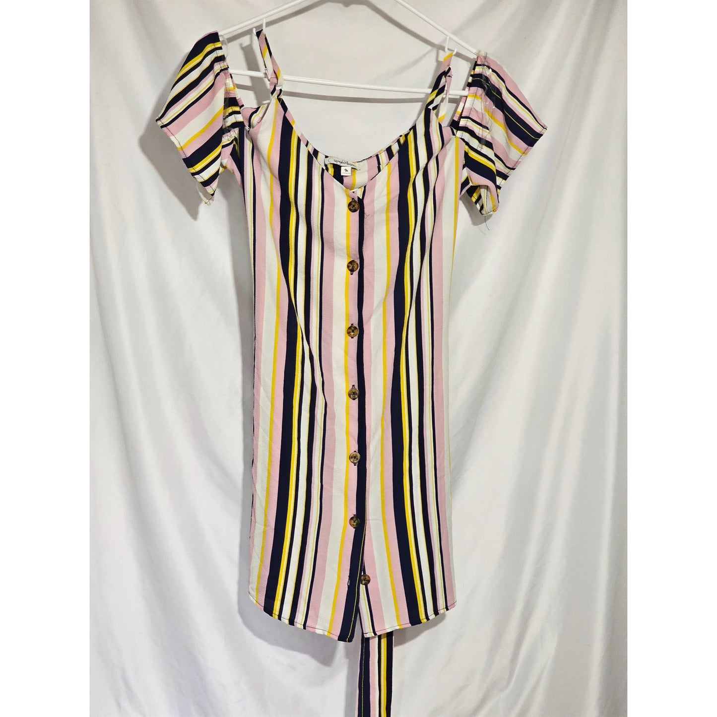 Speechless Pink, Navy, Yellow Vertical Striped Cold-shoulder Short Dress Size M