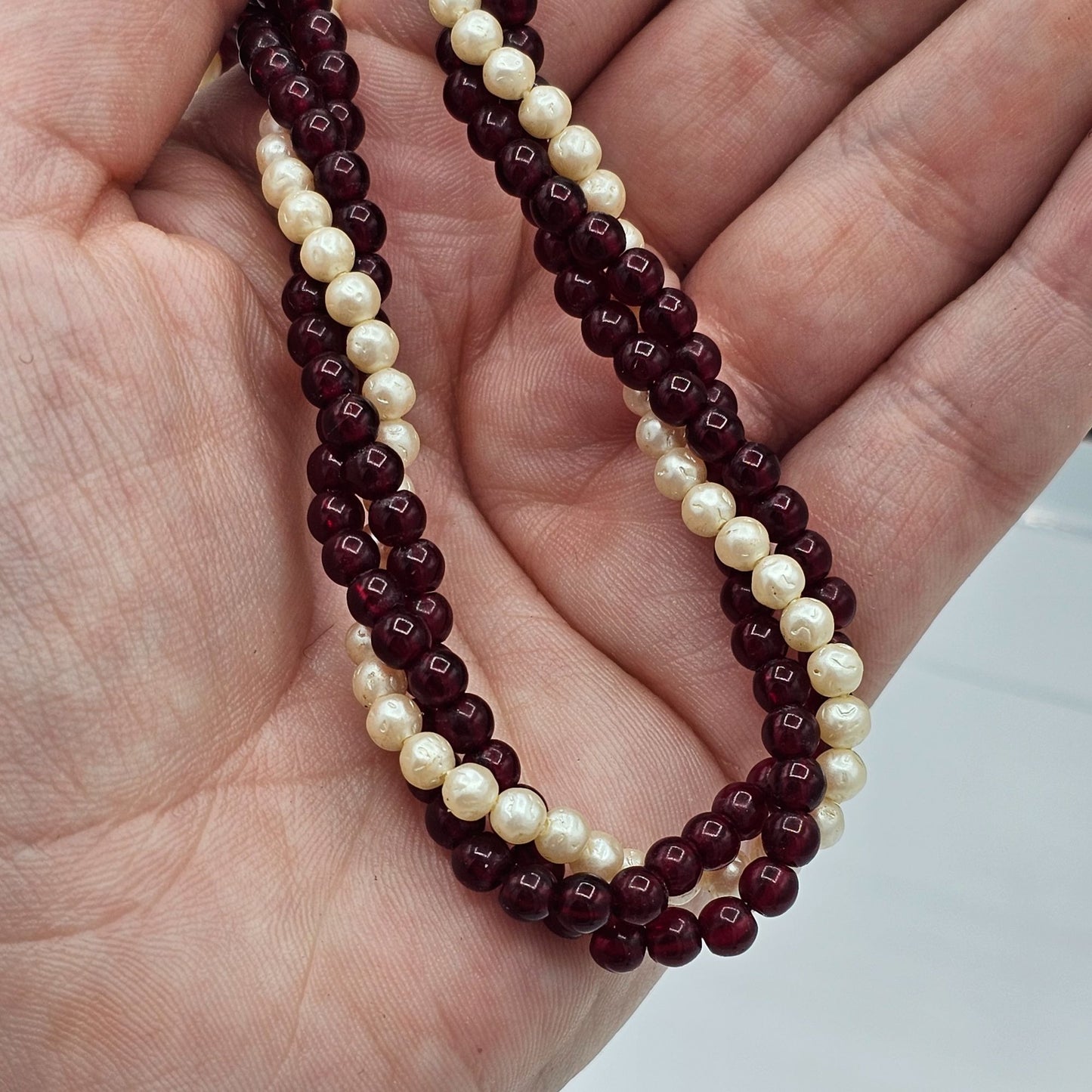 Multi-Strand Twisted Rope Faux Pearl Garnet Colored Beaded Necklace