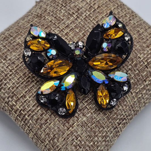 Regency Vintage Black Amber Aurora Borealis Iridescent Butterfly Brooch