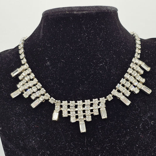 Vintage 1950 Style Rhinestone Necklace Collar Sparkling Evening Jewelry Baguette