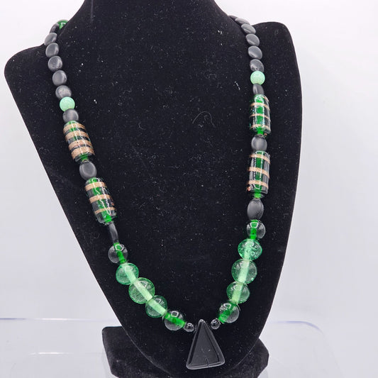 Unique Artisan Made Green Black Glass Beaded Necklace