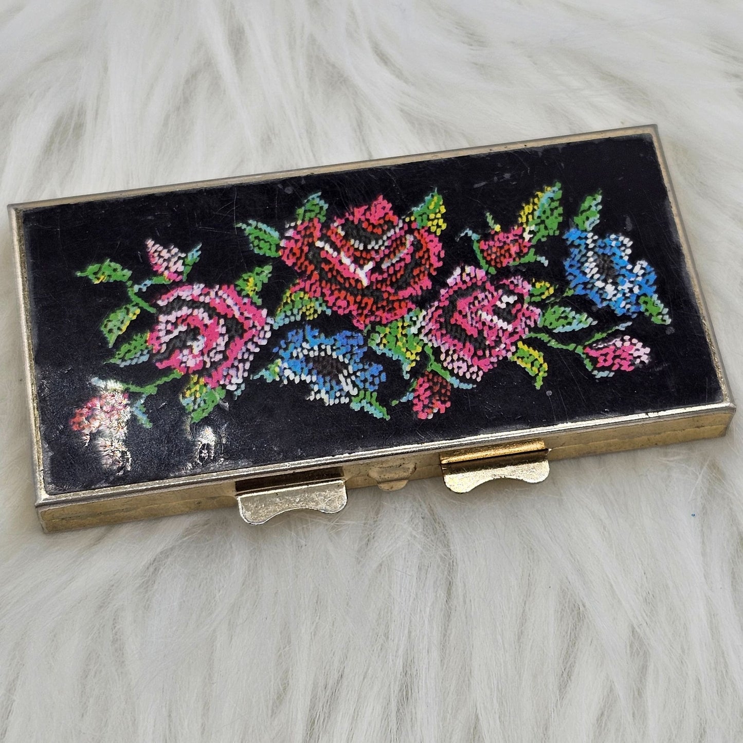 Vintage Floral Transfer Black Silver Pillbox Organizer