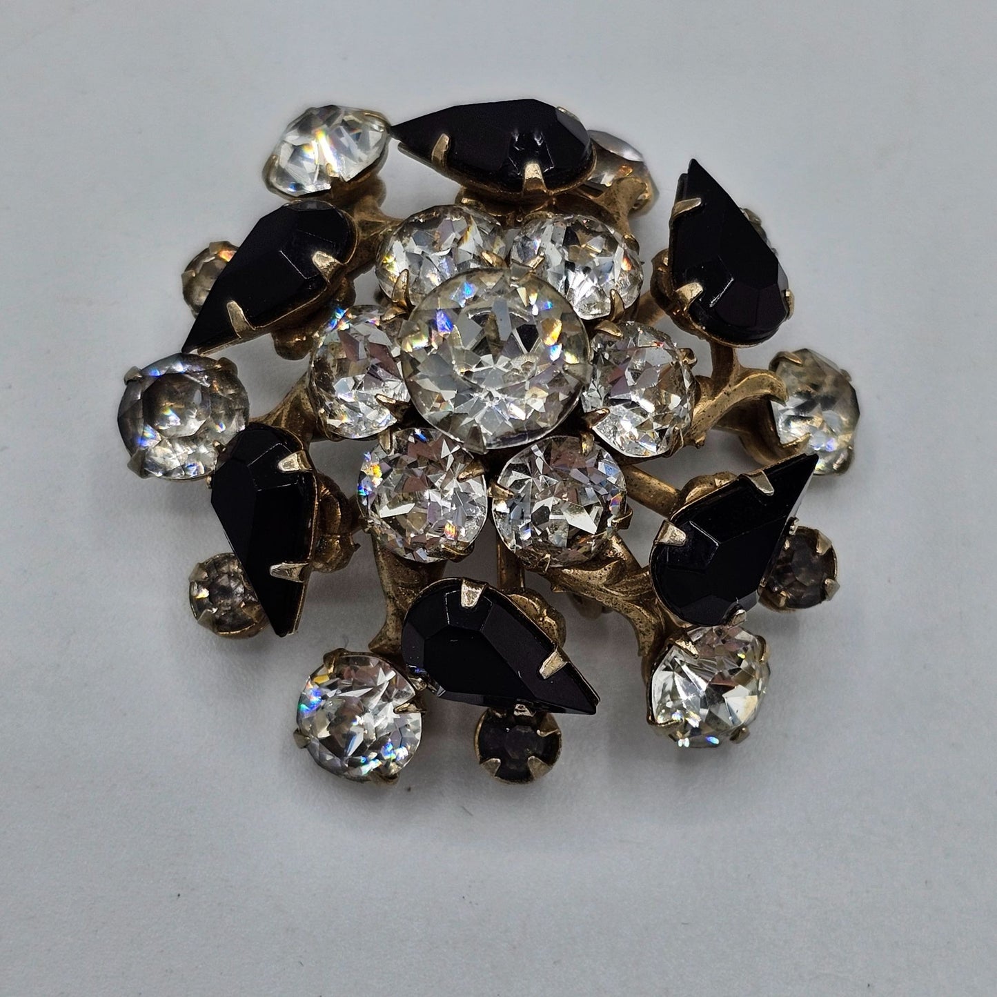 Vintage Round Clear Pear Shaped Black Rhinestone Domed Flower Brooch