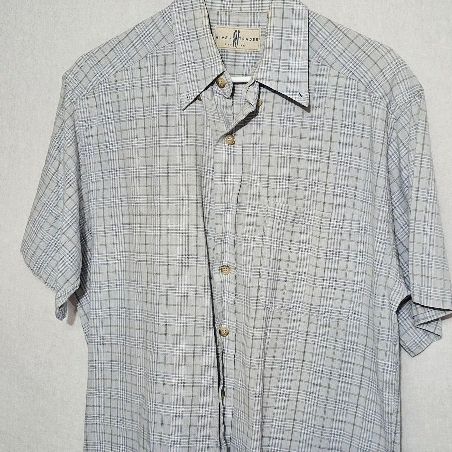 River Trader Light Blue Plaid Short Sleeve Flannel 100% Cotton Size M