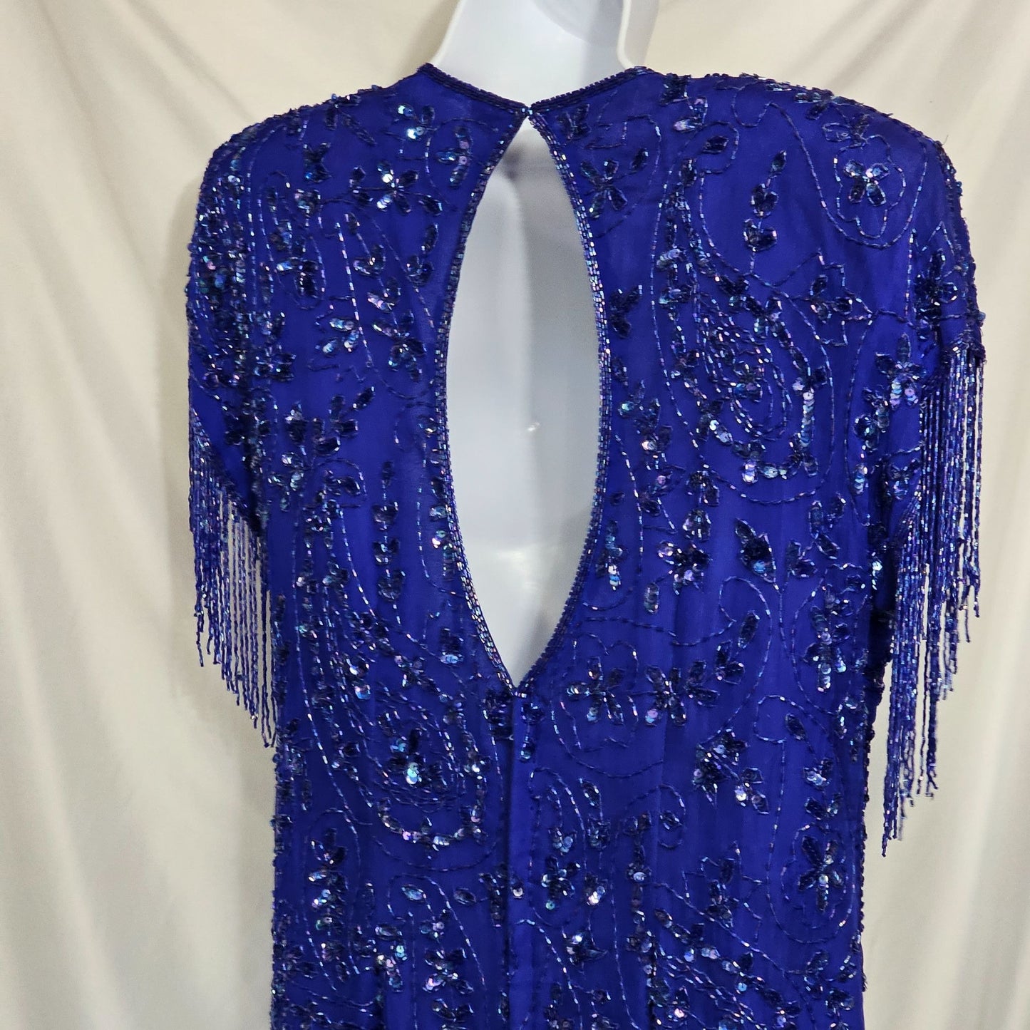 Vintage 80s Silk Fringe Beaded Sequins Royal Blue Formal Dress Flapper Size XL