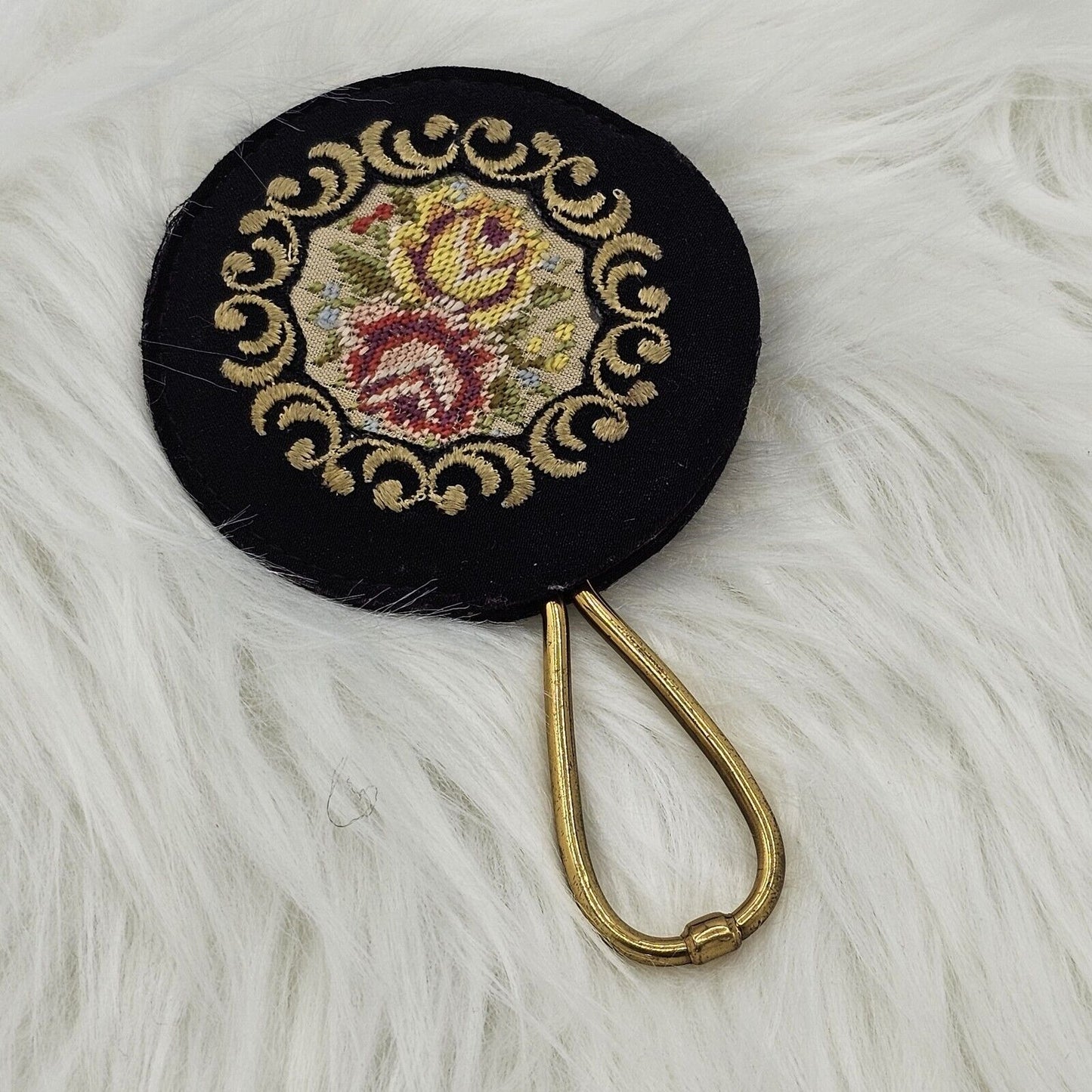 Vintage Petit Point Cover Compact Hand Mirror Embroidery Roses Goldtone Brass