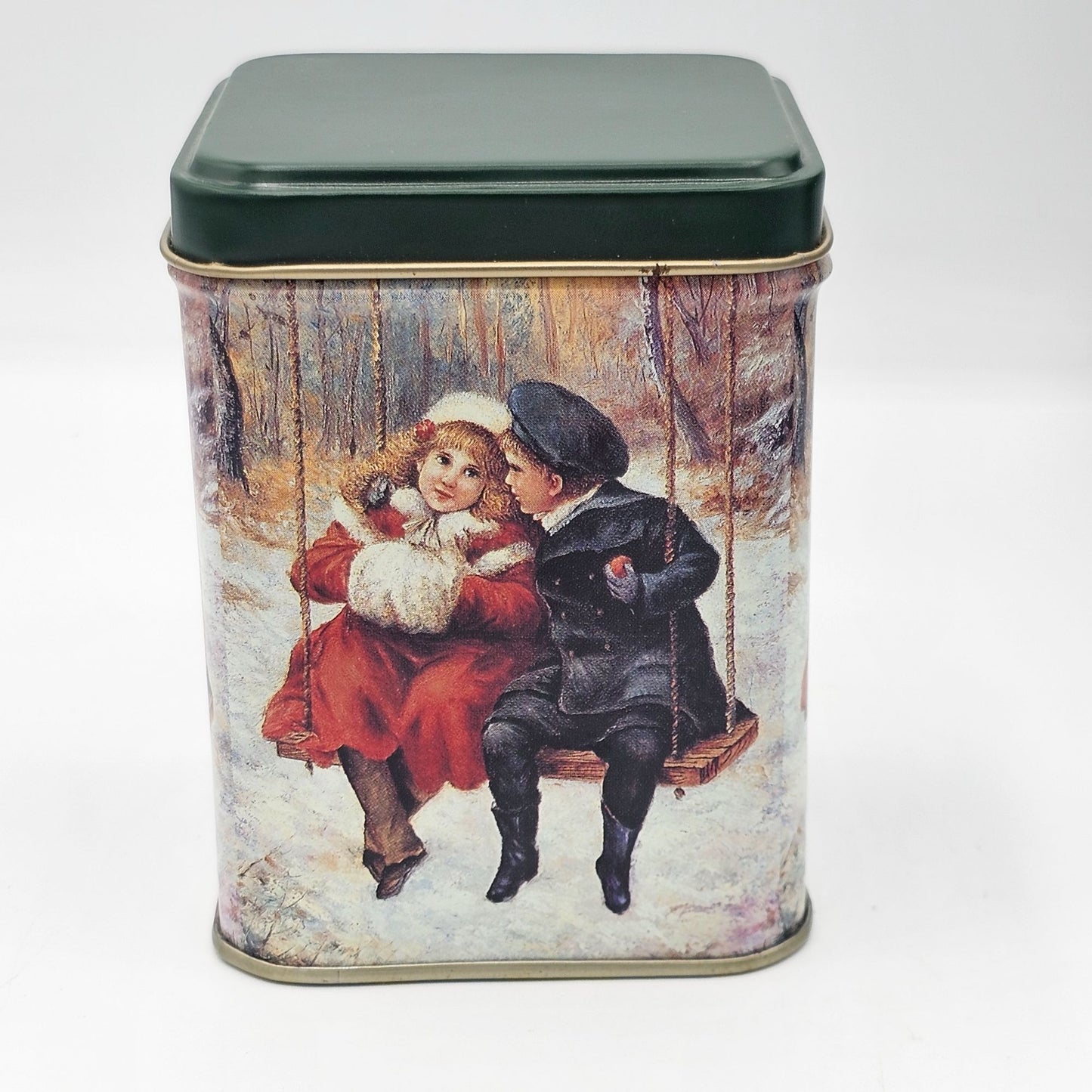 Vintage Winter Scene Victorian Boy Girl Swinging Metal Storage Tin With Lid