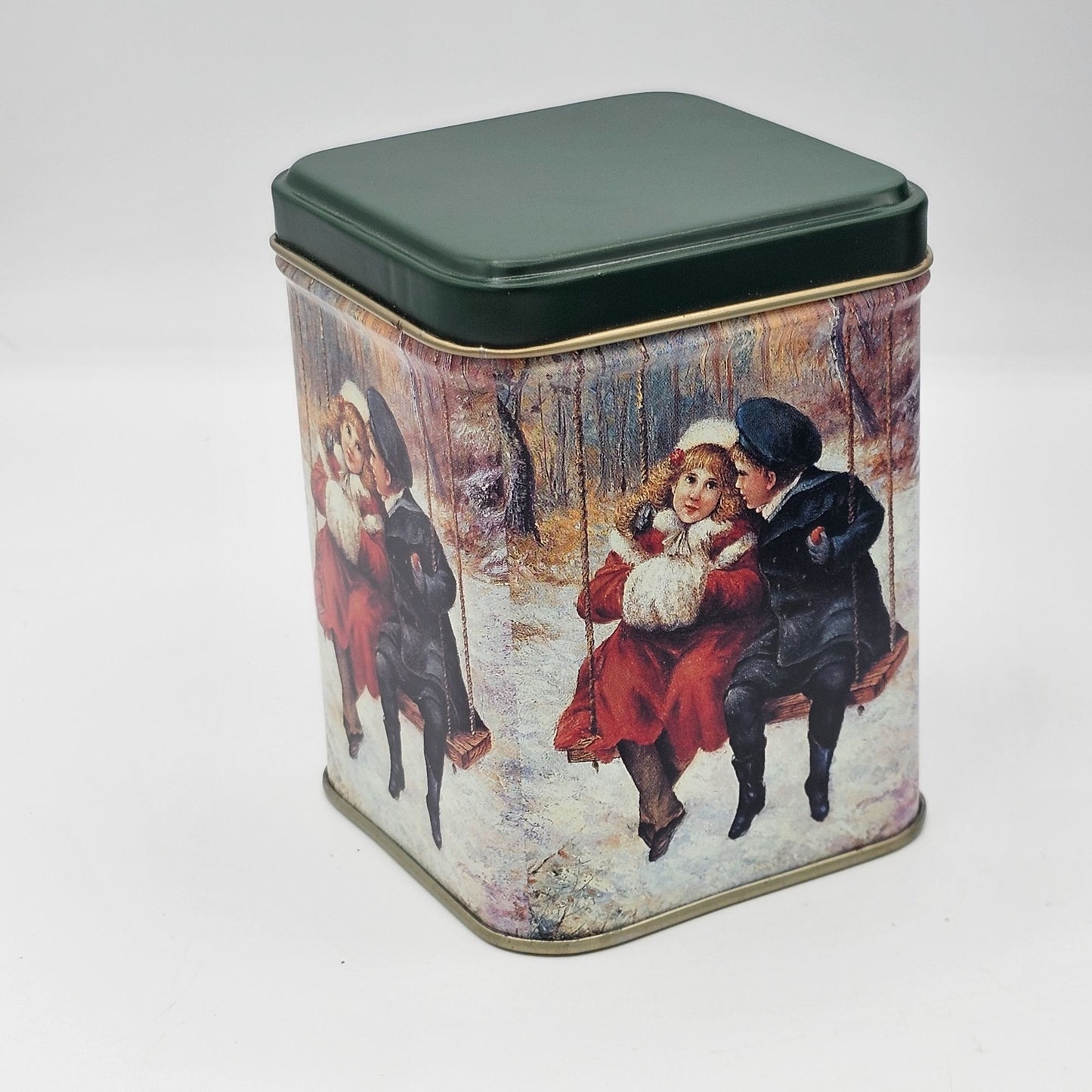 Vintage Winter Scene Victorian Boy Girl Swinging Metal Storage Tin With Lid