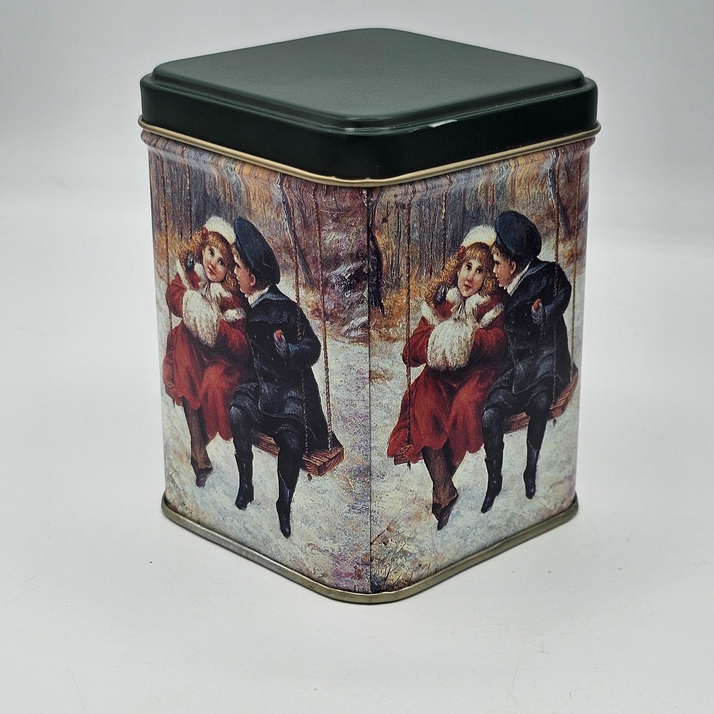 Vintage Winter Scene Victorian Boy Girl Swinging Metal Storage Tin With Lid