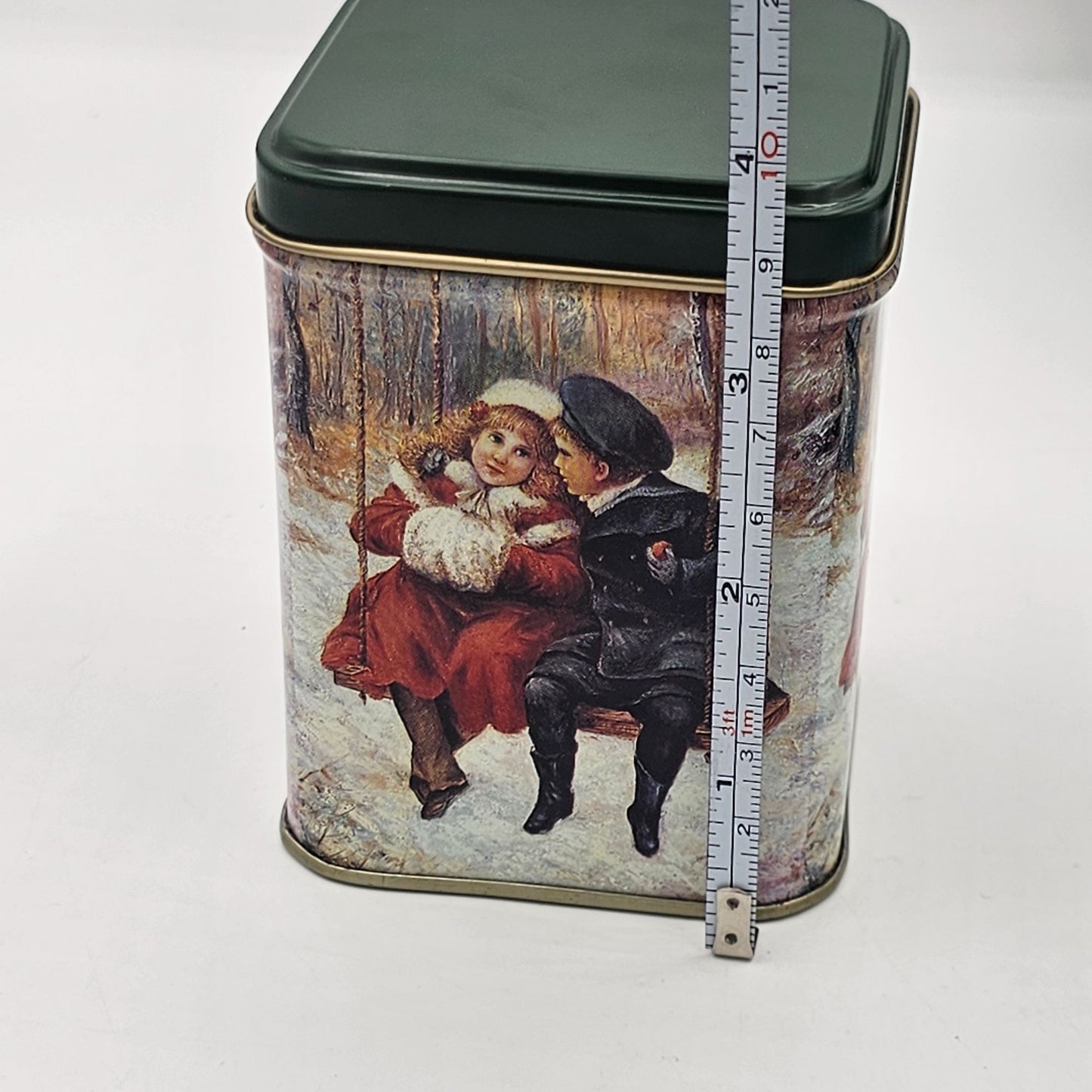 Vintage Winter Scene Victorian Boy Girl Swinging Metal Storage Tin With Lid