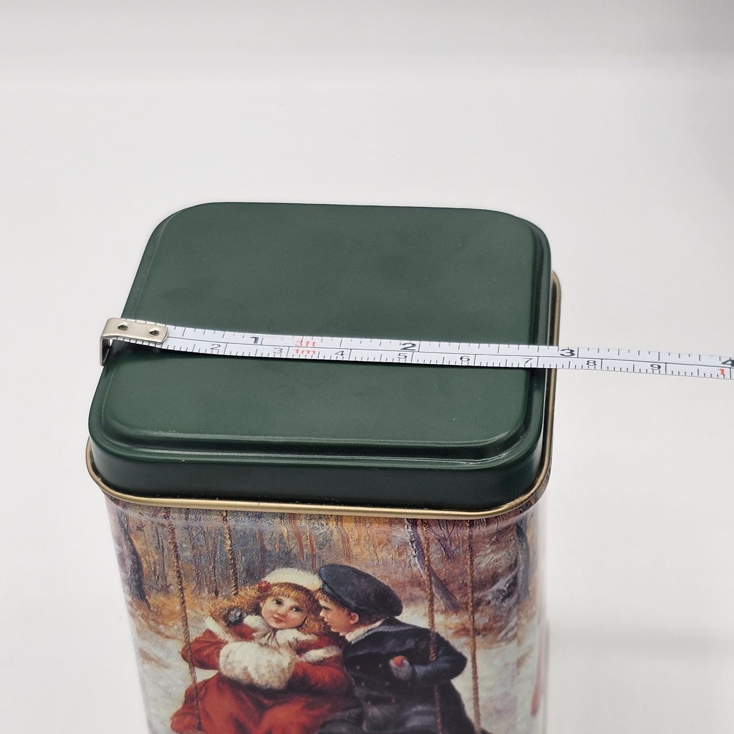 Vintage Winter Scene Victorian Boy Girl Swinging Metal Storage Tin With Lid