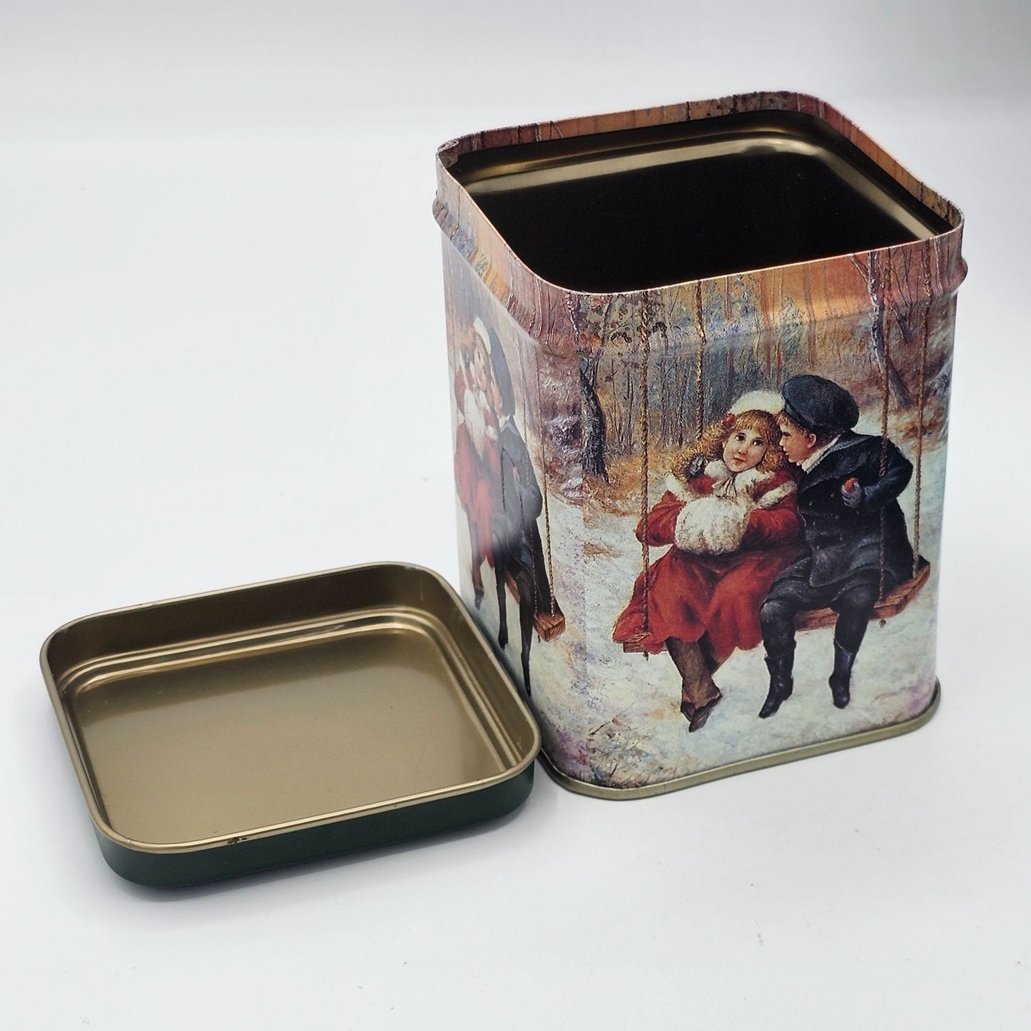 Vintage Winter Scene Victorian Boy Girl Swinging Metal Storage Tin With Lid