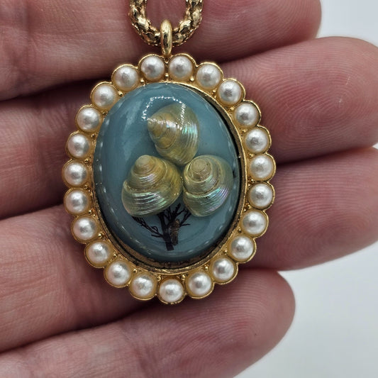 Vintage Gold-Tone Double Strand Necklace Faux Pearls Blue Shell Cameo Pendant