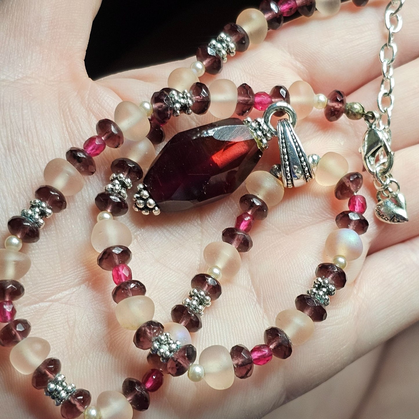 Carolee Handcrafted Beaded Necklace Red Glass Pendant Heart Charm  20" Long