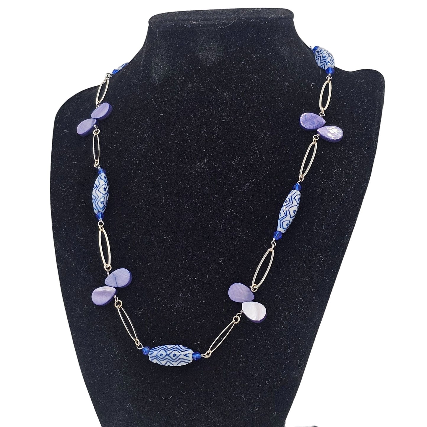 Vintage Station Style Blue & Purple Beaded Necklace With Sterling Silver Accents