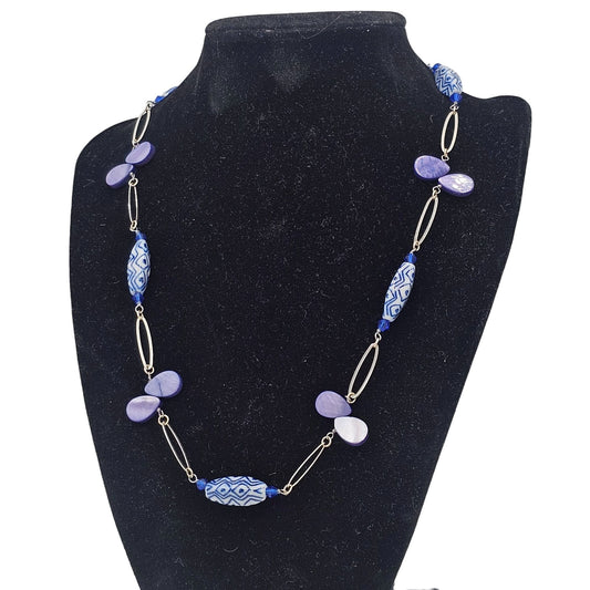 Vintage Station Style Blue & Purple Beaded Necklace With Sterling Silver Accents