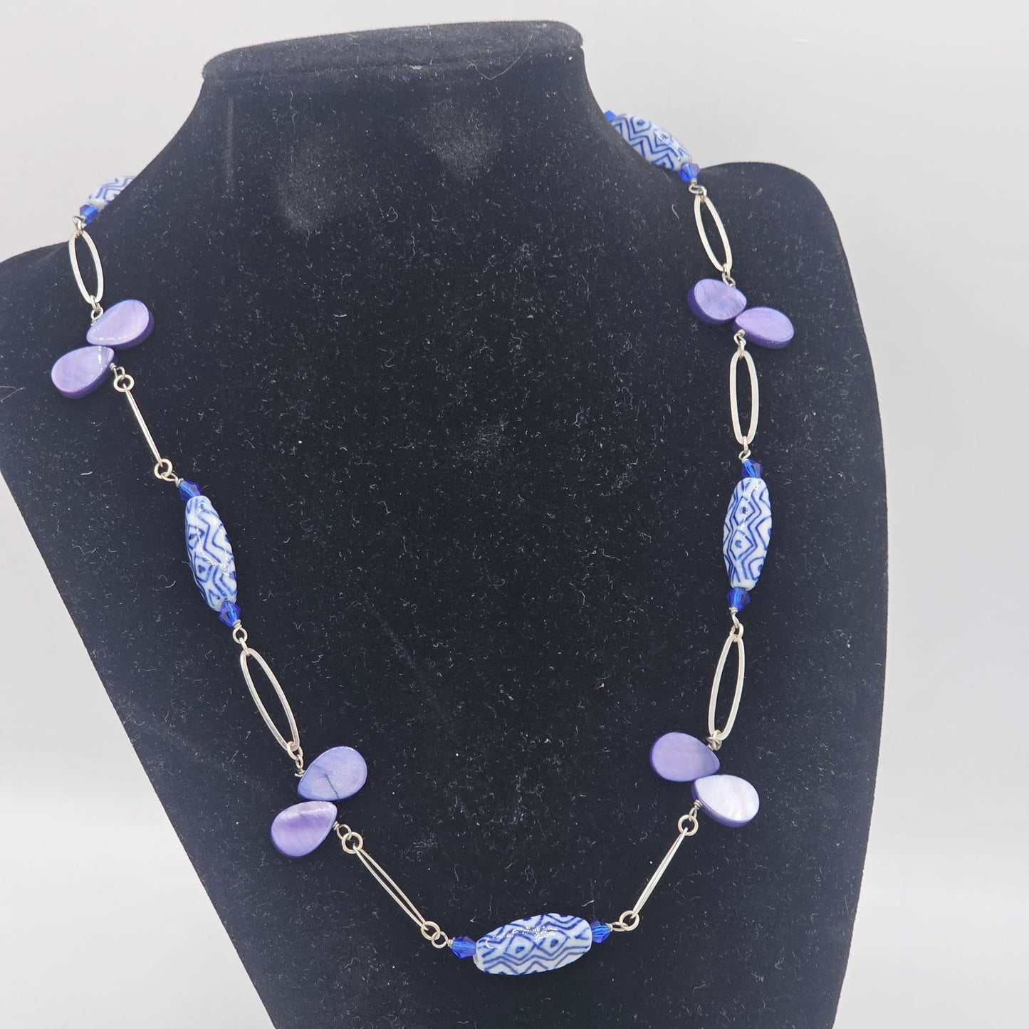 Vintage Station Style Blue & Purple Beaded Necklace With Sterling Silver Accents