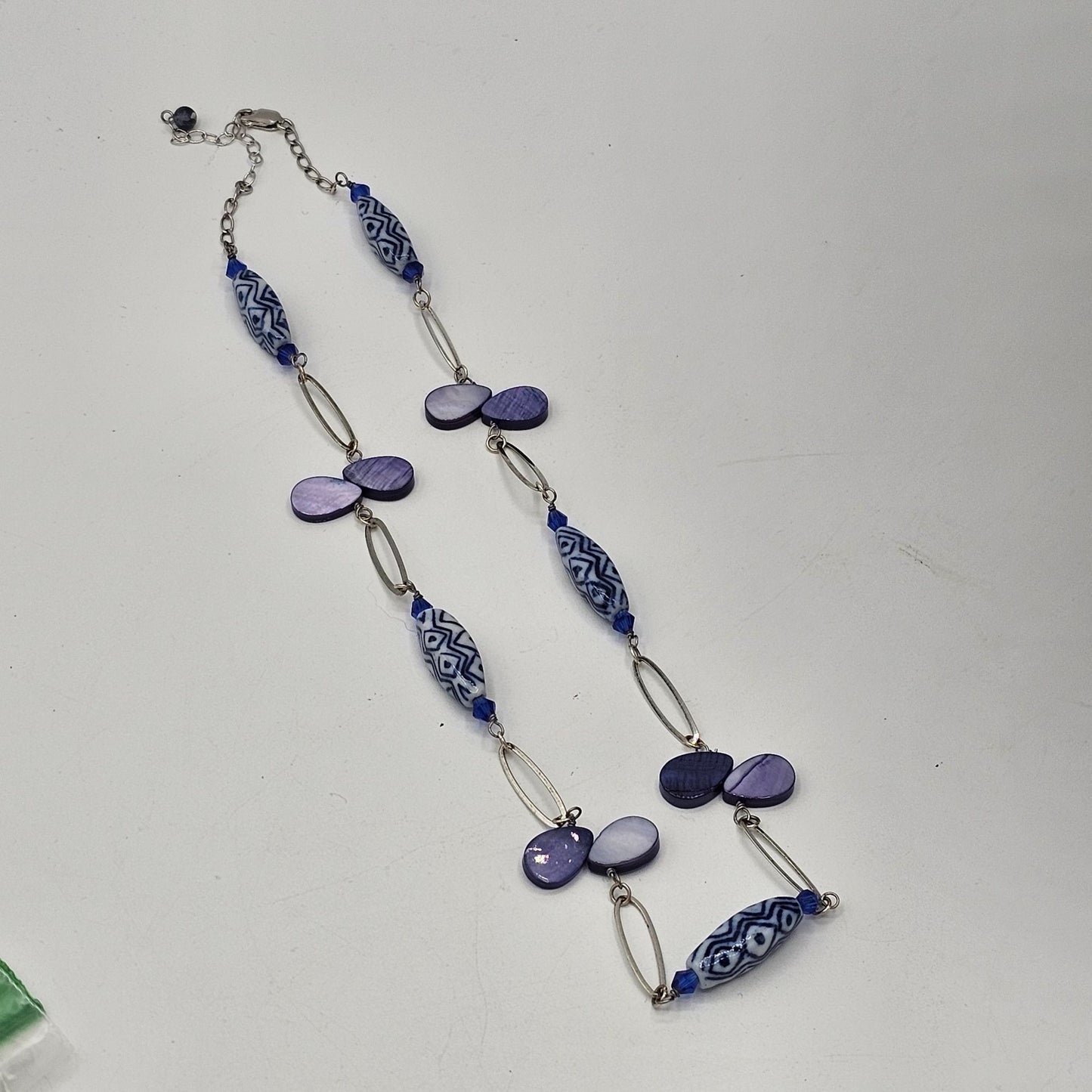 Vintage Station Style Blue & Purple Beaded Necklace With Sterling Silver Accents