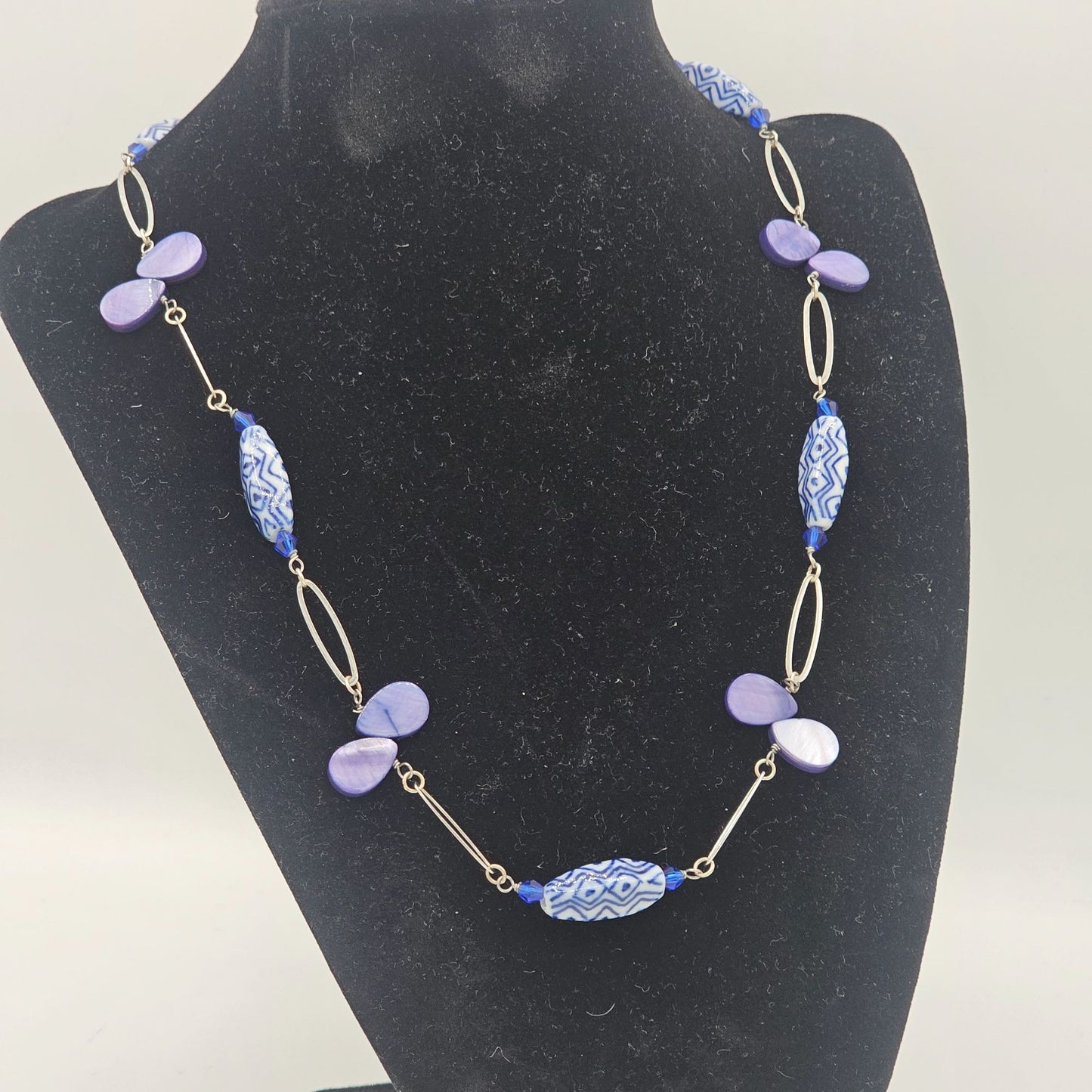 Vintage Station Style Blue & Purple Beaded Necklace With Sterling Silver Accents