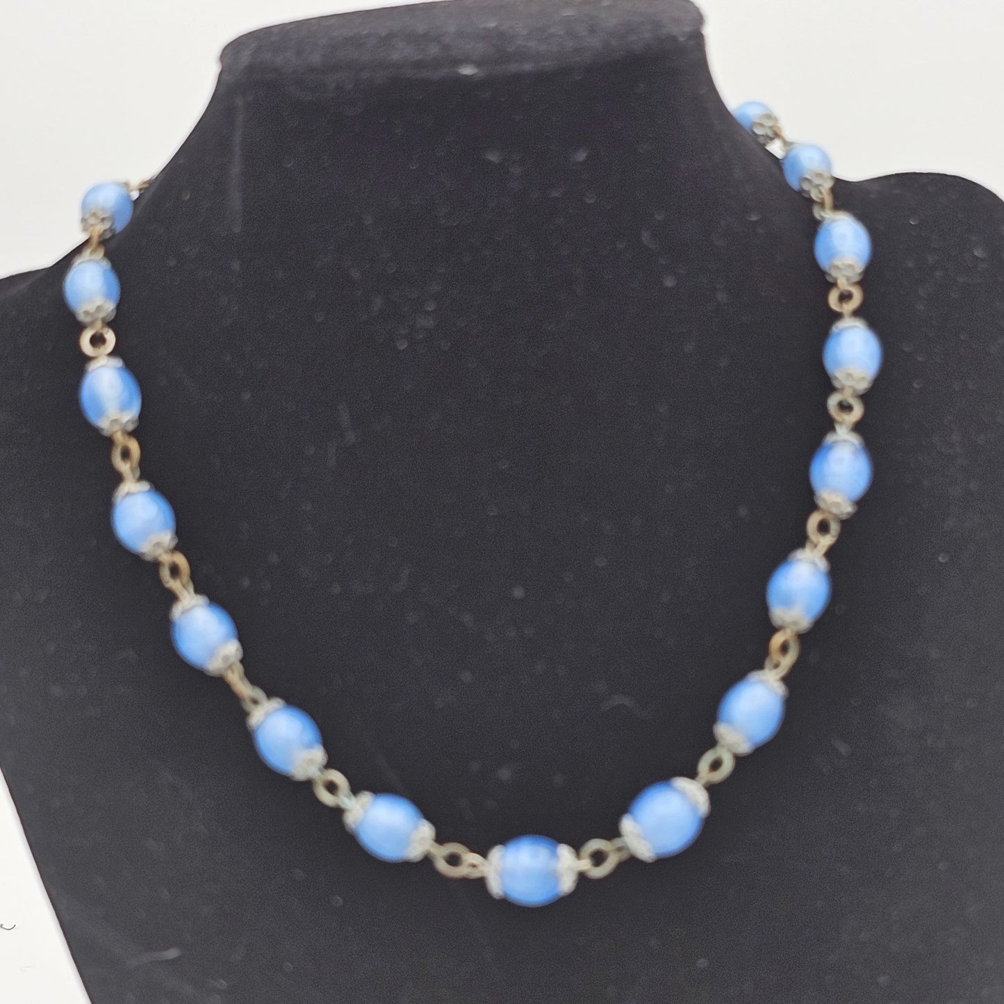 Vintage Antique Czech Blue Glass Beaded Necklace Metal Links Clasp