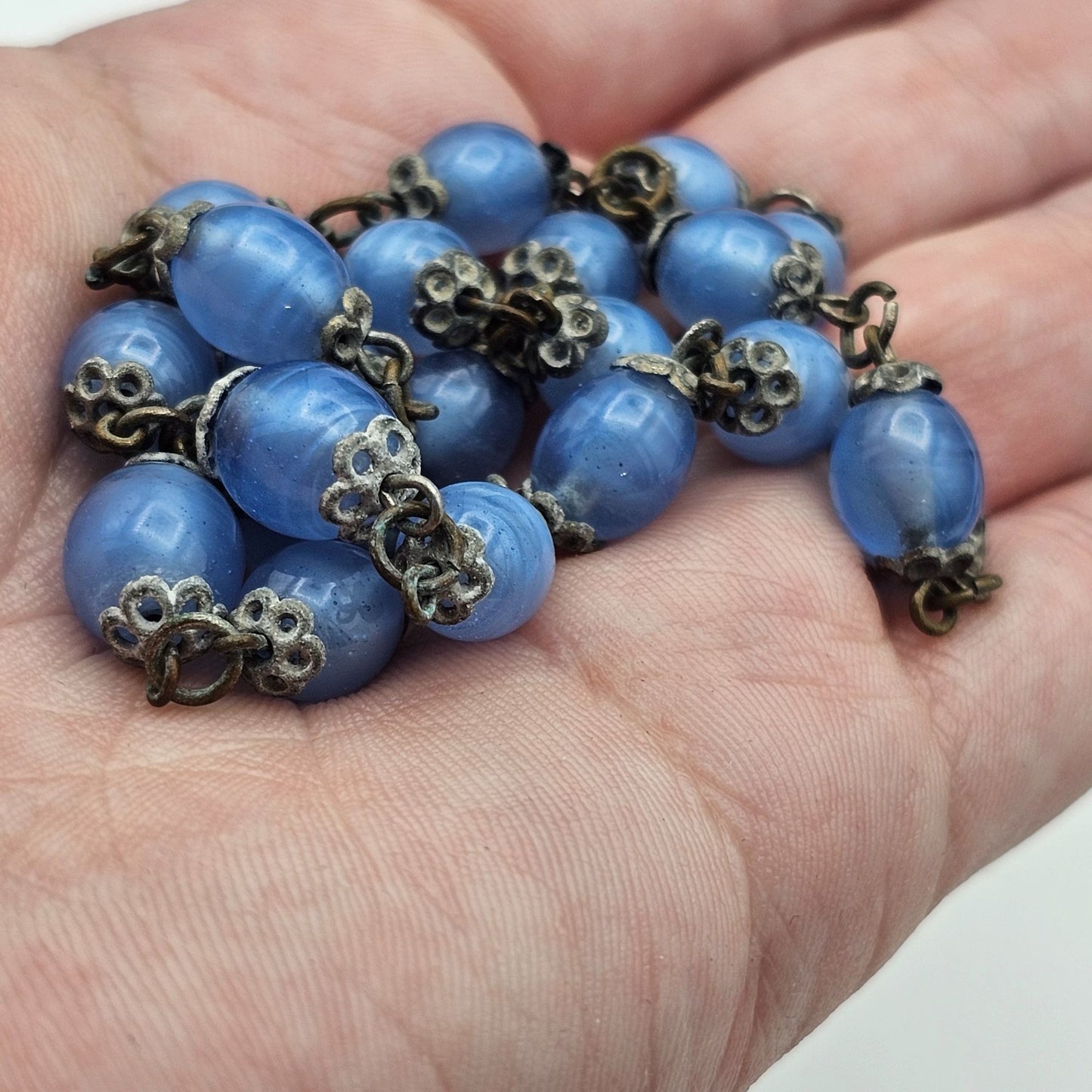 Vintage Antique Czech Blue Glass Beaded Necklace Metal Links Clasp