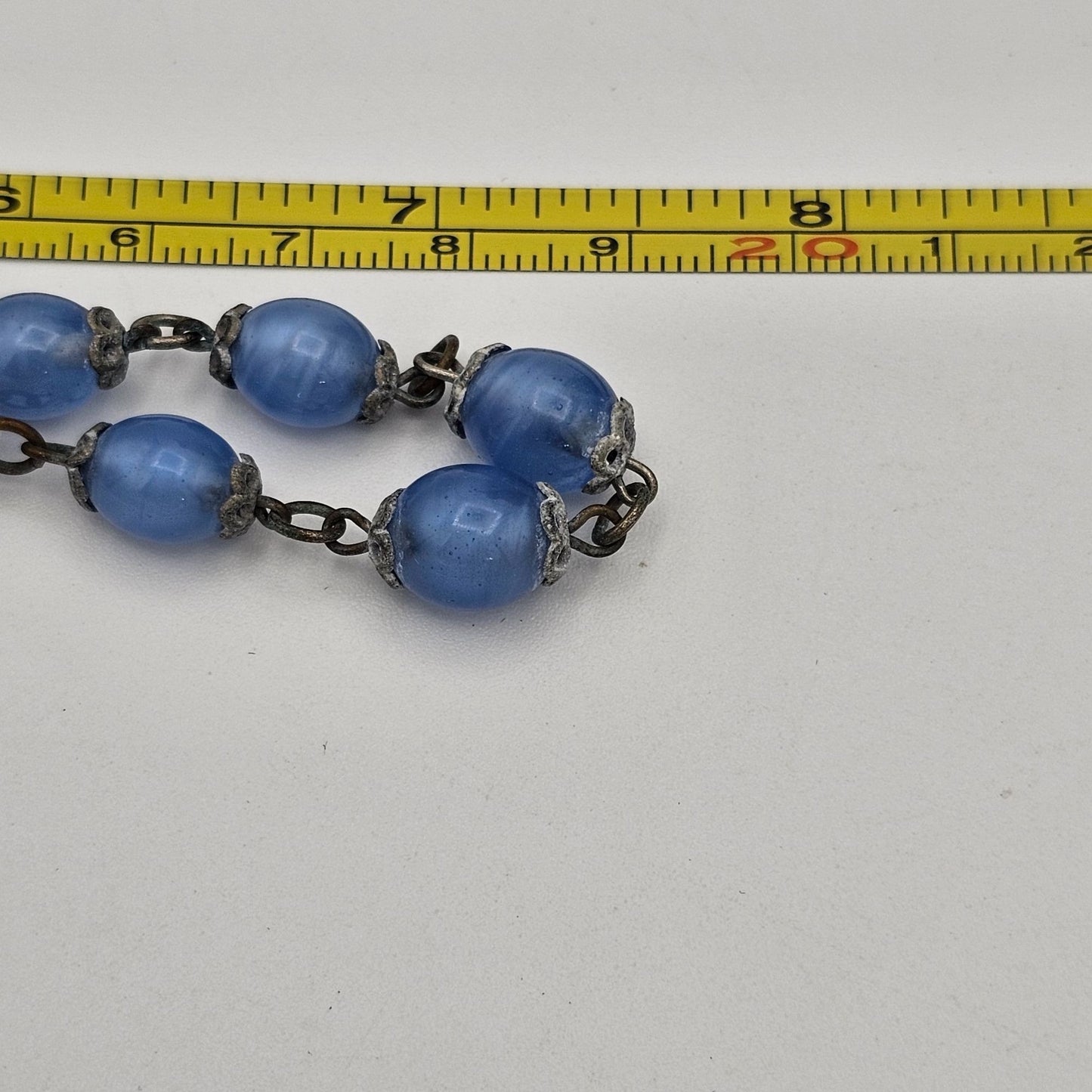 Vintage Antique Czech Blue Glass Beaded Necklace Metal Links Clasp