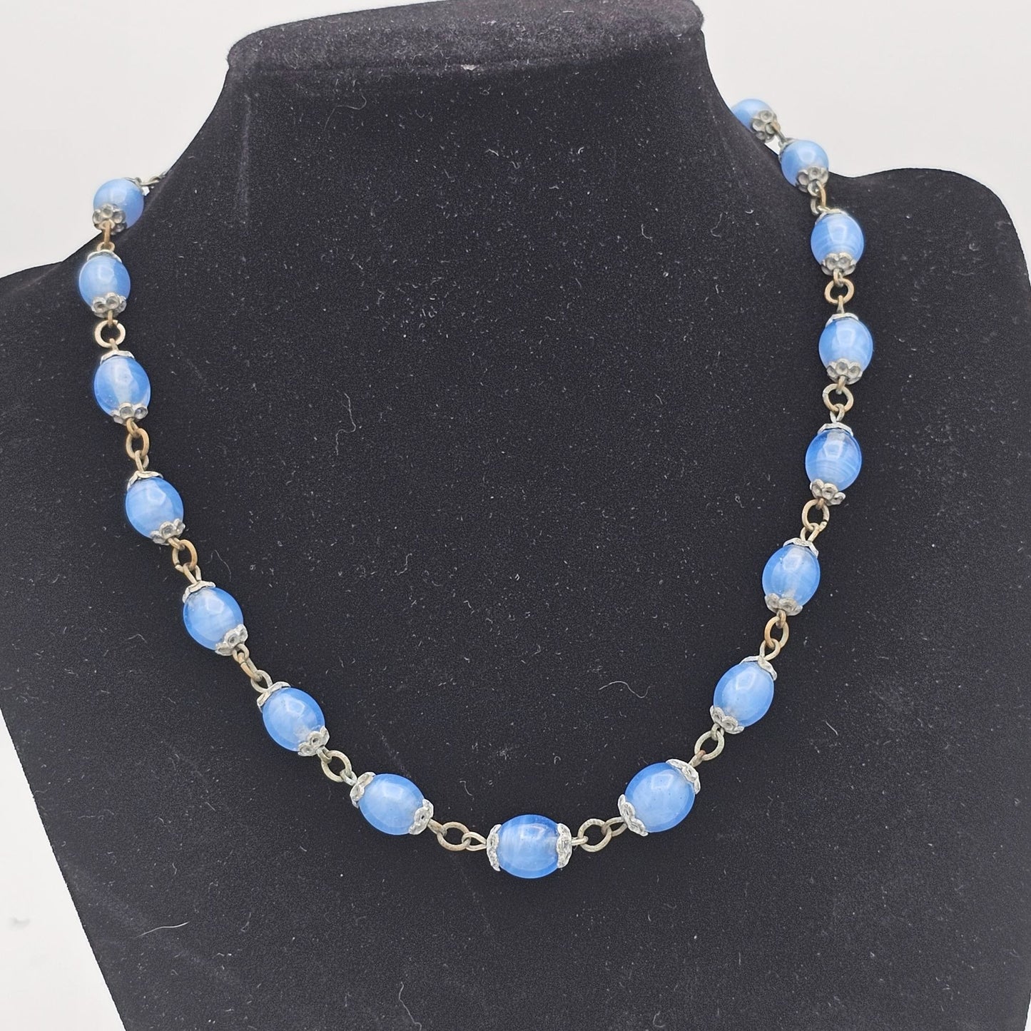 Vintage Antique Czech Blue Glass Beaded Necklace Metal Links Clasp