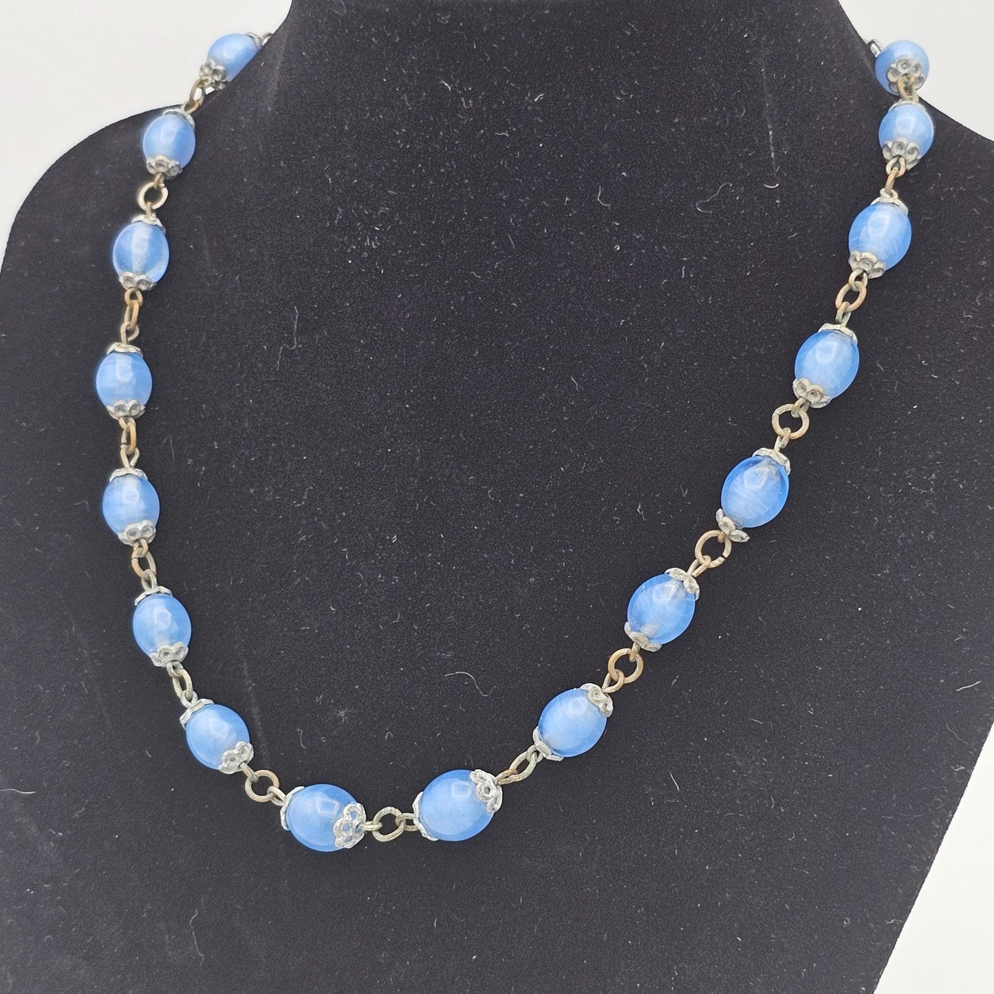 Vintage Antique Czech Blue Glass Beaded Necklace Metal Links Clasp