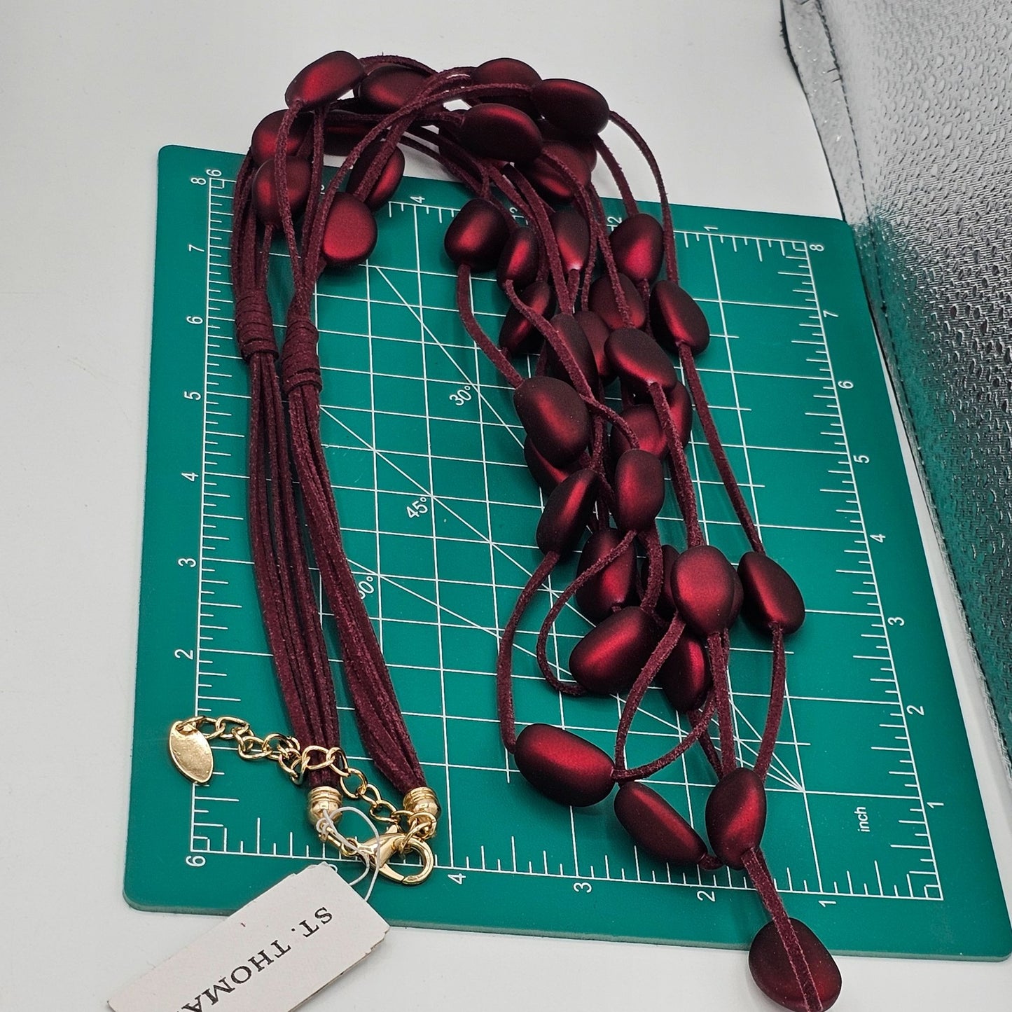 St. Thomas 36" Adjustable Necklace With Burgundy Beads Station Leather Cord NWT